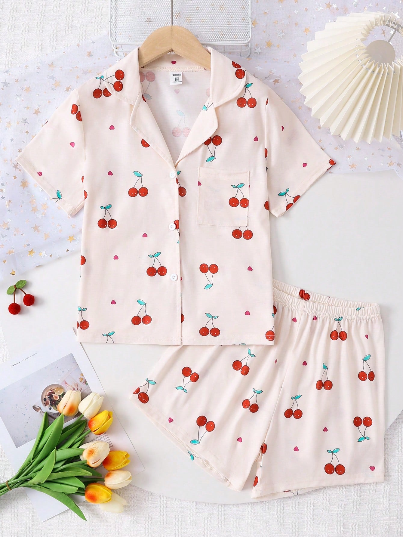 Tween Girl 2pcs Sleepwear Set, Cherry Print Short Sleeve Cardigan And Shorts For Casual Wear