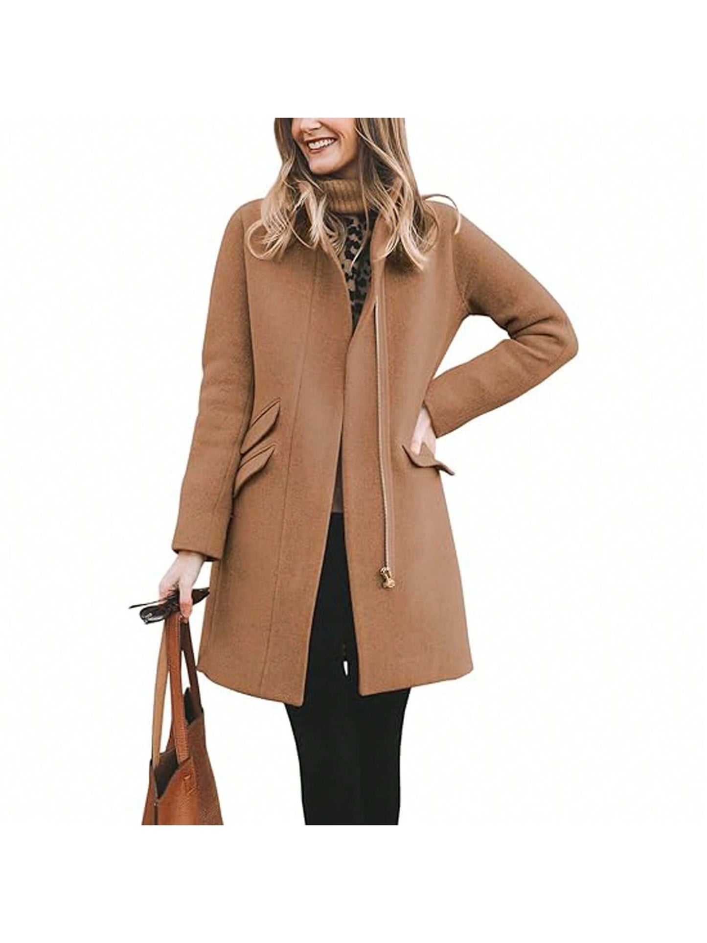 PiePieBuy Womens Winter Long Coat Zip Up Casual Wool Blend Over Stand Neck Pea Coats Mid-Long Jackets