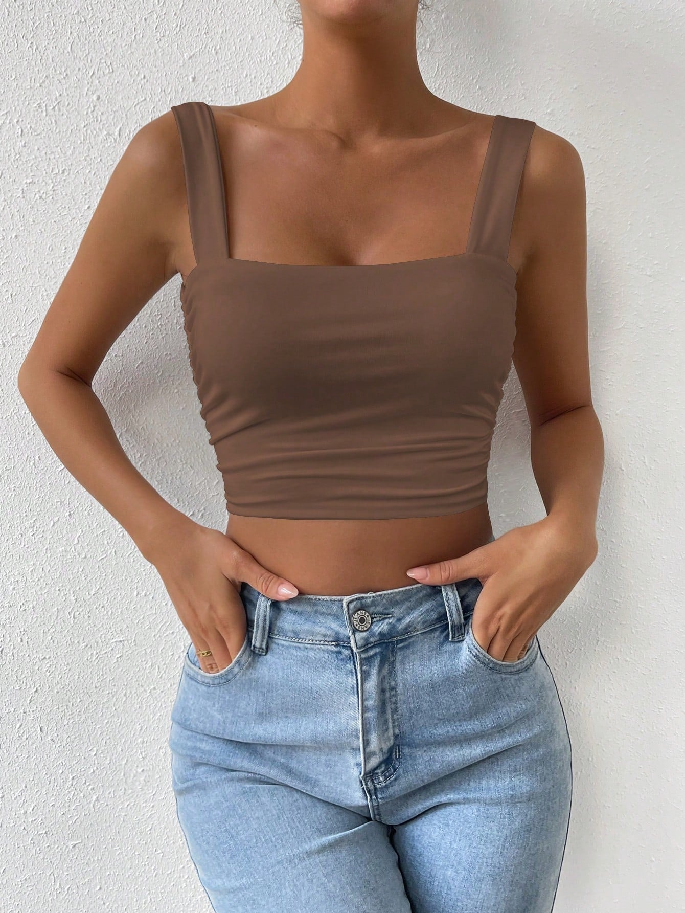 Solid Ruched Crop Cami Top