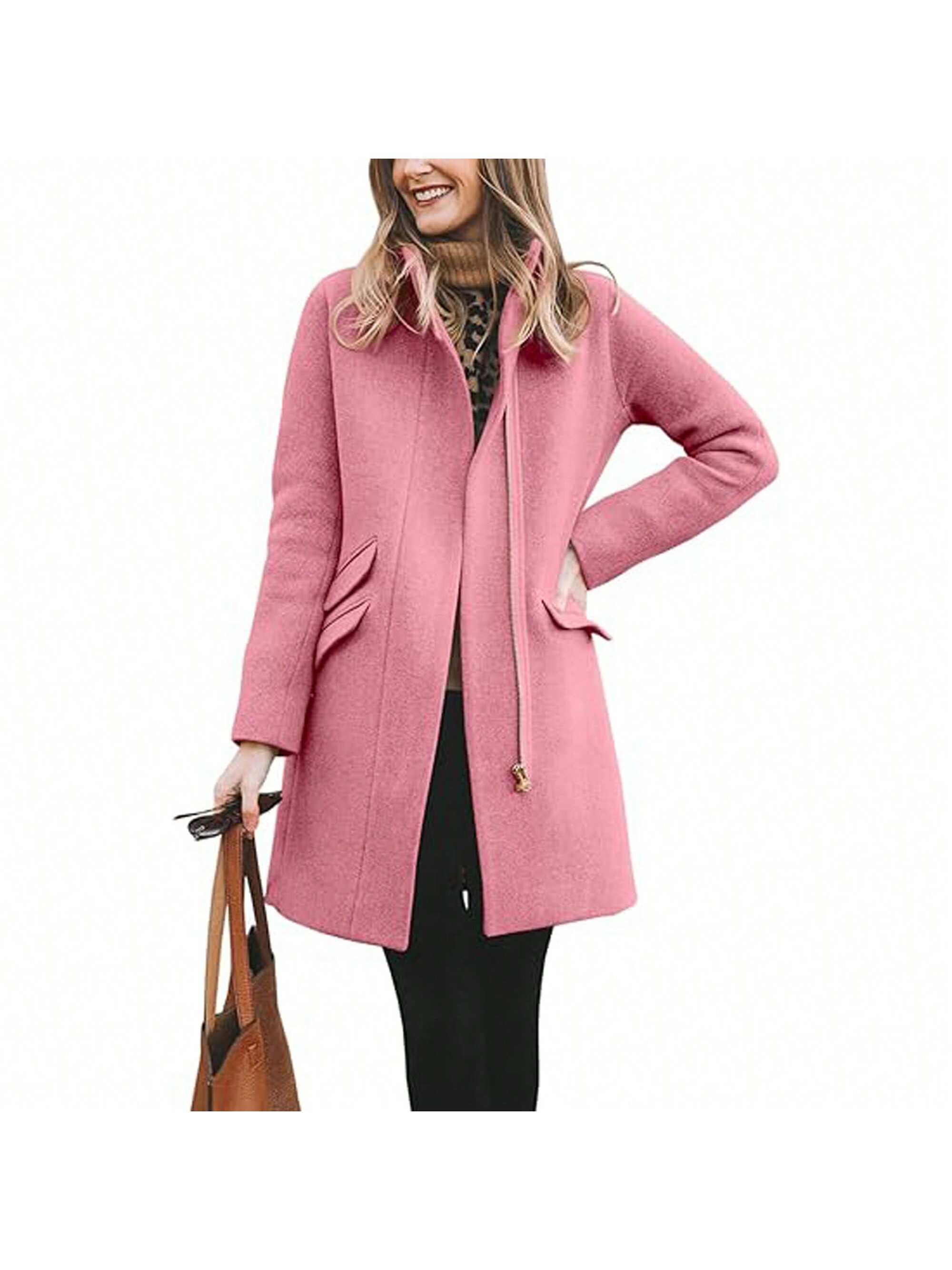 PiePieBuy Womens Winter Long Coat Zip Up Casual Wool Blend Over Stand Neck Pea Coats Mid-Long Jackets