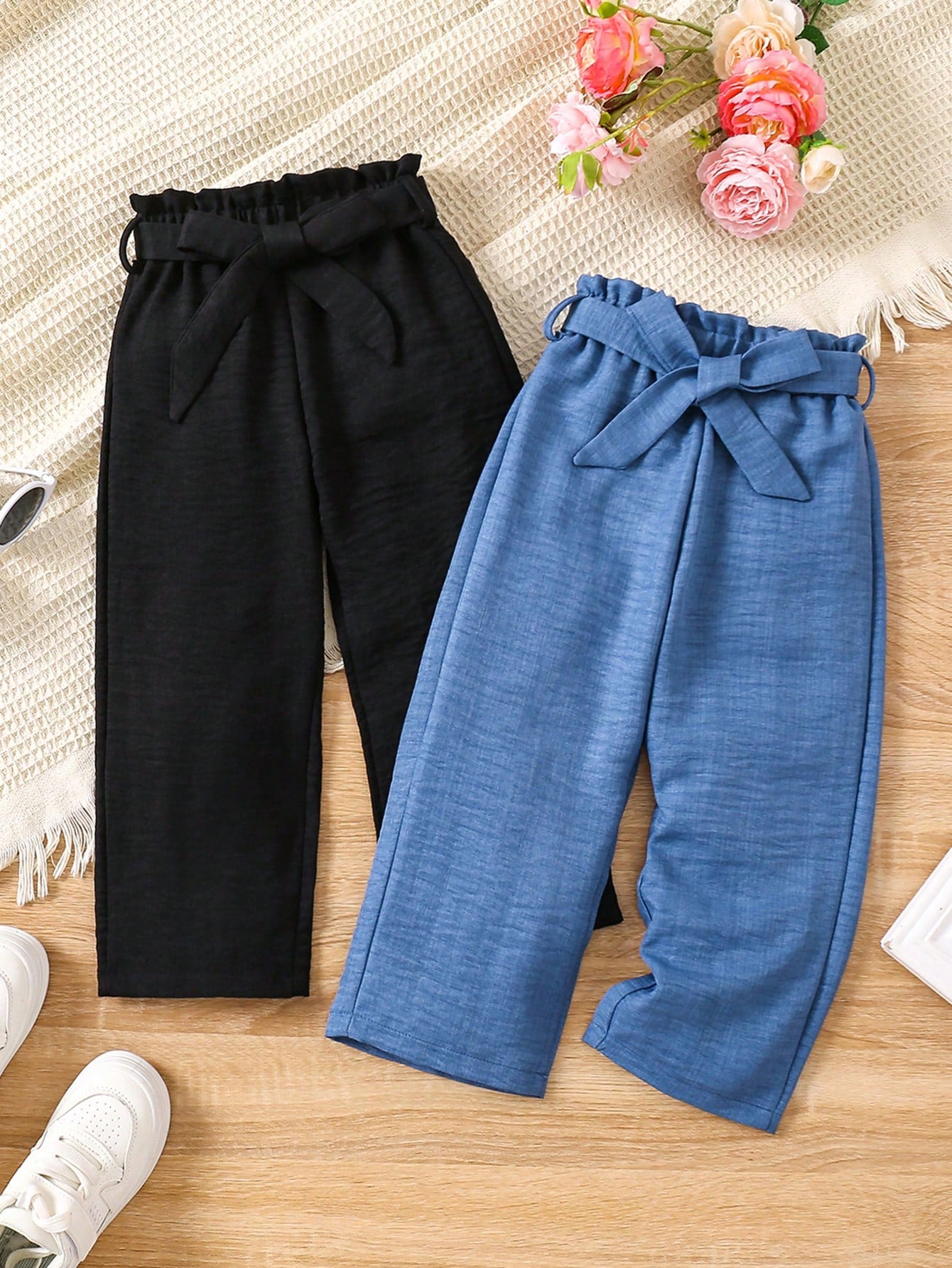 Young Girl Solid Color Bud Waist Loose Wide Leg Casual Trousers