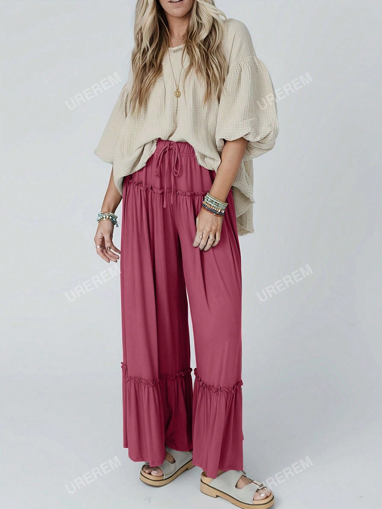 Women's High Waisted Wide Leg Pants With Stretch, Loose Fit Flared Trousers, Solid Color Casual Yoga Jogging Pants With Ruffle Hem