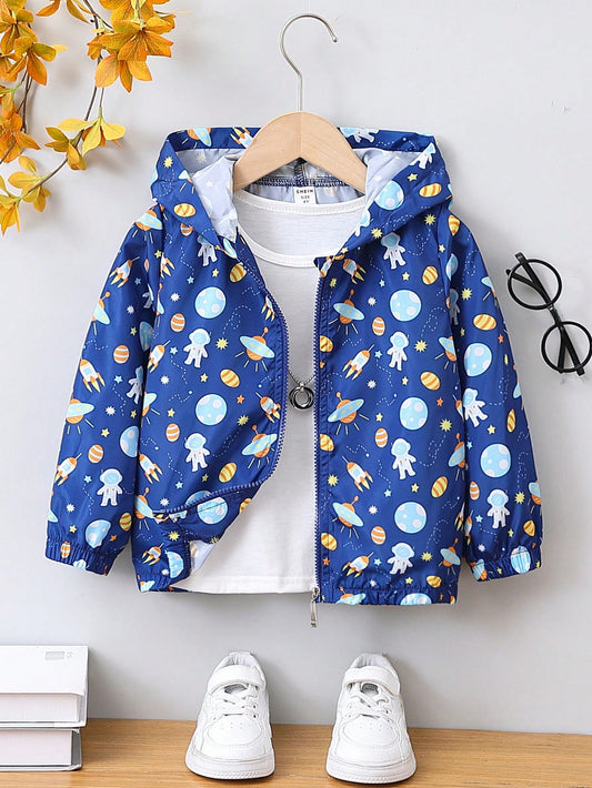 Boys' Cute Planet Printed Jacket, Suitable For Spring And Autumn, HVAC Room, Space Theme, Windproof With Hood, Casual And Sporty, Comfortable And Versatile, Best For Moms, Perfect For Outdoor Activities, School And Sports, Ages 4-7