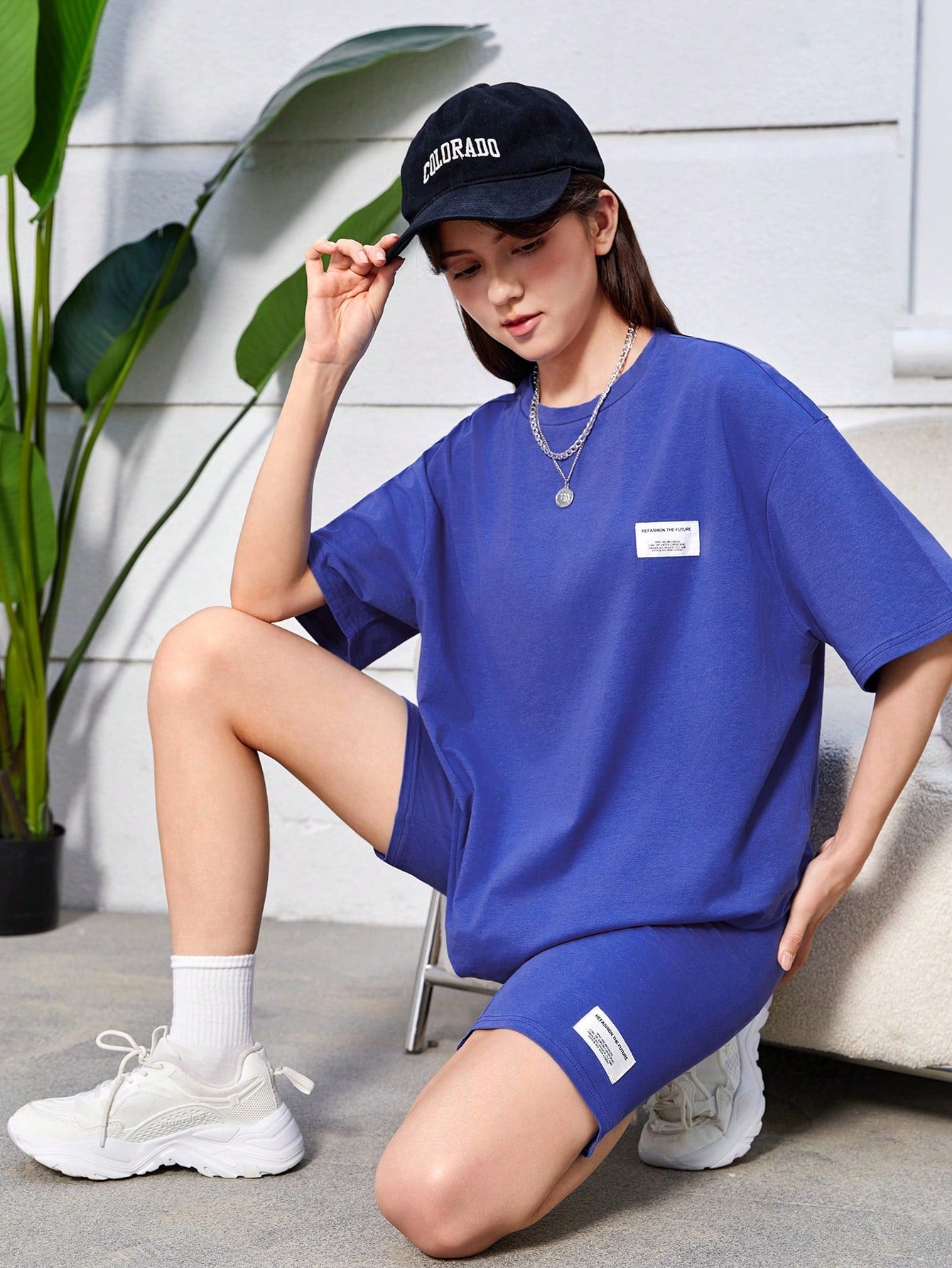 Teen Girl Summer Knit Letter Patchwork Round Neck T-Shirt And Shorts Casual Two-Piece Set