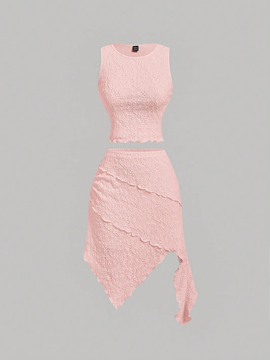 Beige Knitted Jacquard Women's Round Neck Vest And Asymmetrical Pink Women's Skirt Set