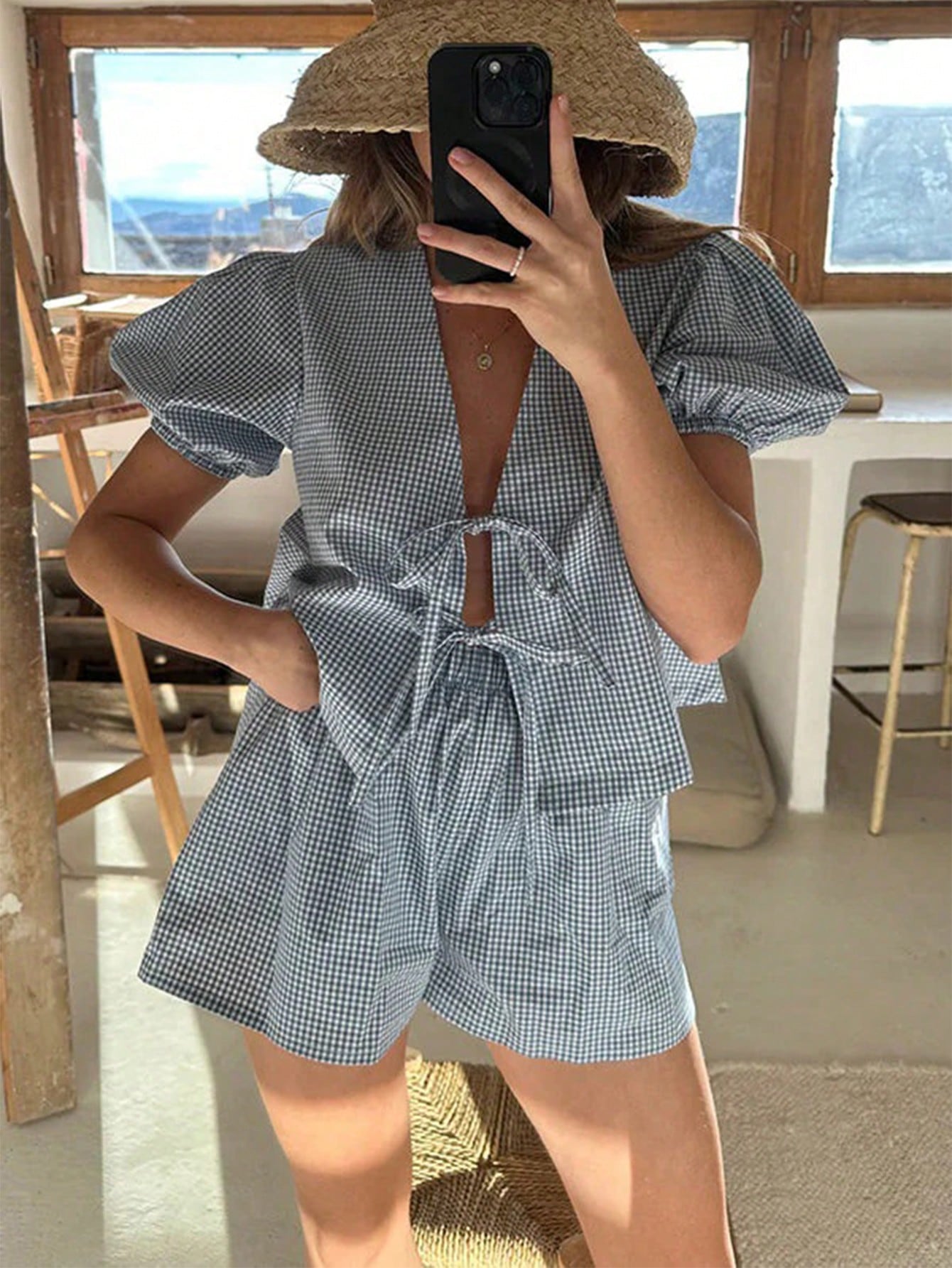 Summer Casual Vacation Refreshing Sweet Plaid Front Tie Puff Sleeve Top + Elastic Waist Shorts Set