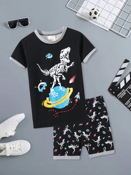 2pcs Boys' Snug Fit Pajamas Set With Football, Basketball & Rabbit Print Short-Sleeve Top And Shorts, Comfortable Homewear For Summer Holidays