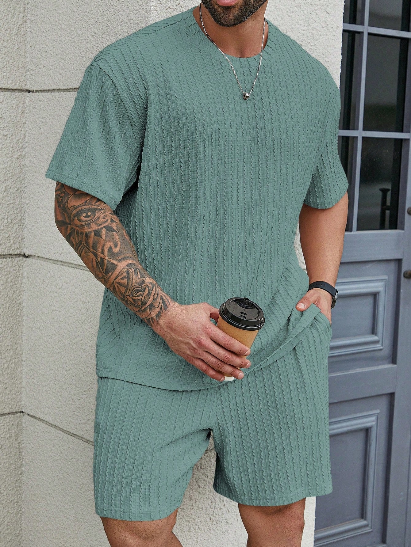 Men Plus Size Summer Casual Solid Texture Short Sleeve T-Shirt And Shorts Set