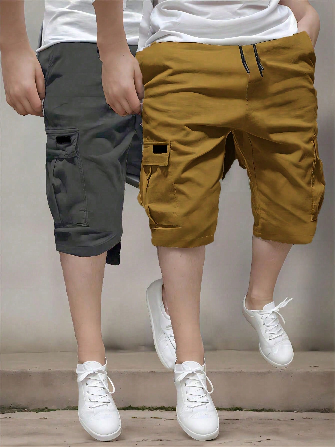 Men's Plus Size Summer Casual Solid Color Drawstring Waist Utility Shorts