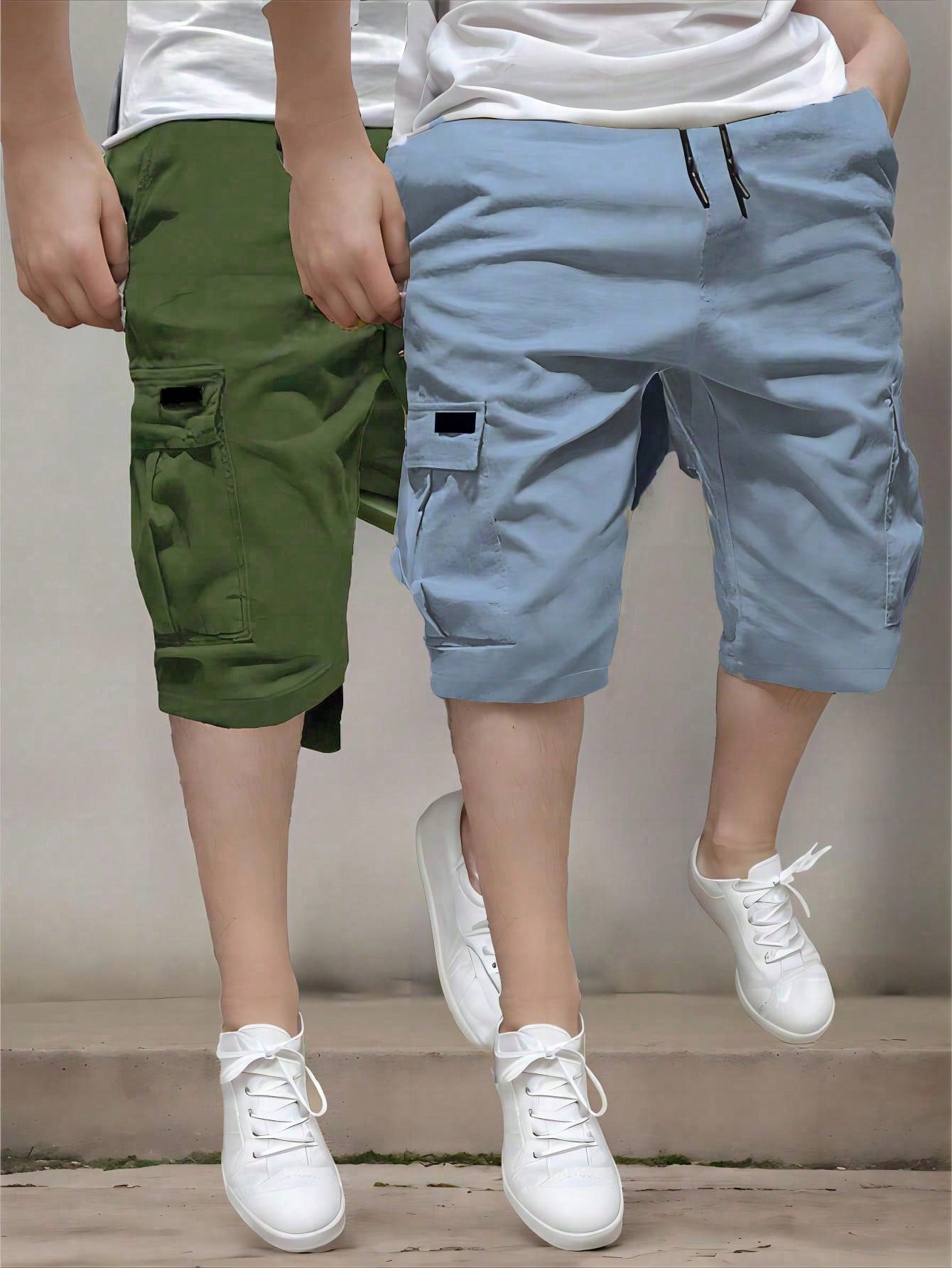 Men's Plus Size Summer Casual Solid Color Drawstring Waist Utility Shorts