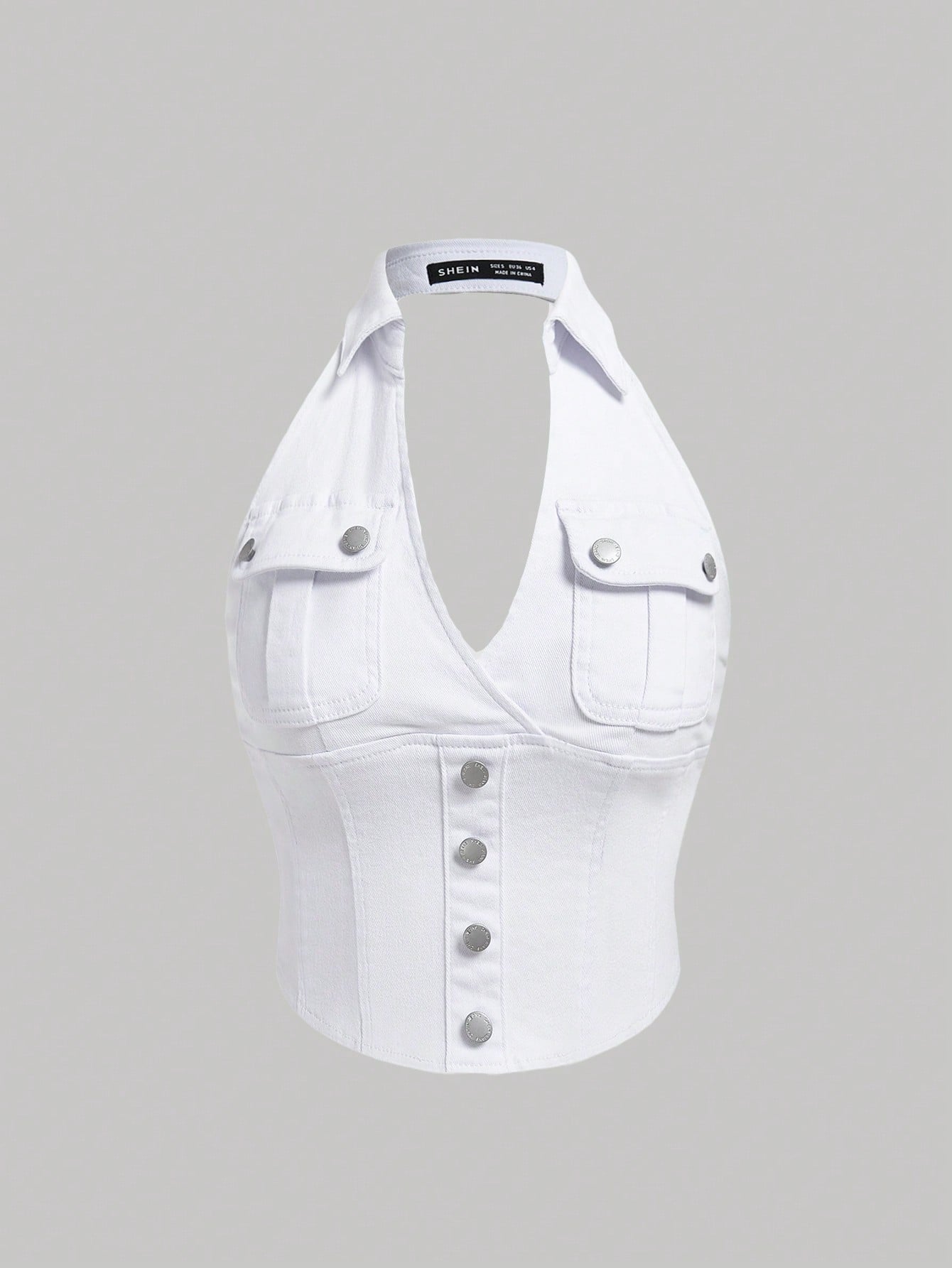 Teen Girl White Denim Vest With Button Decoration And Halter