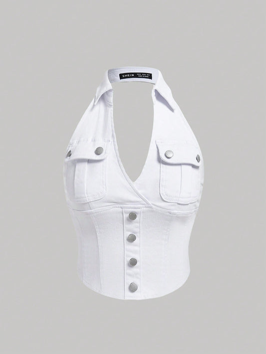 Teen Girl White Denim Vest With Button Decoration And Halter