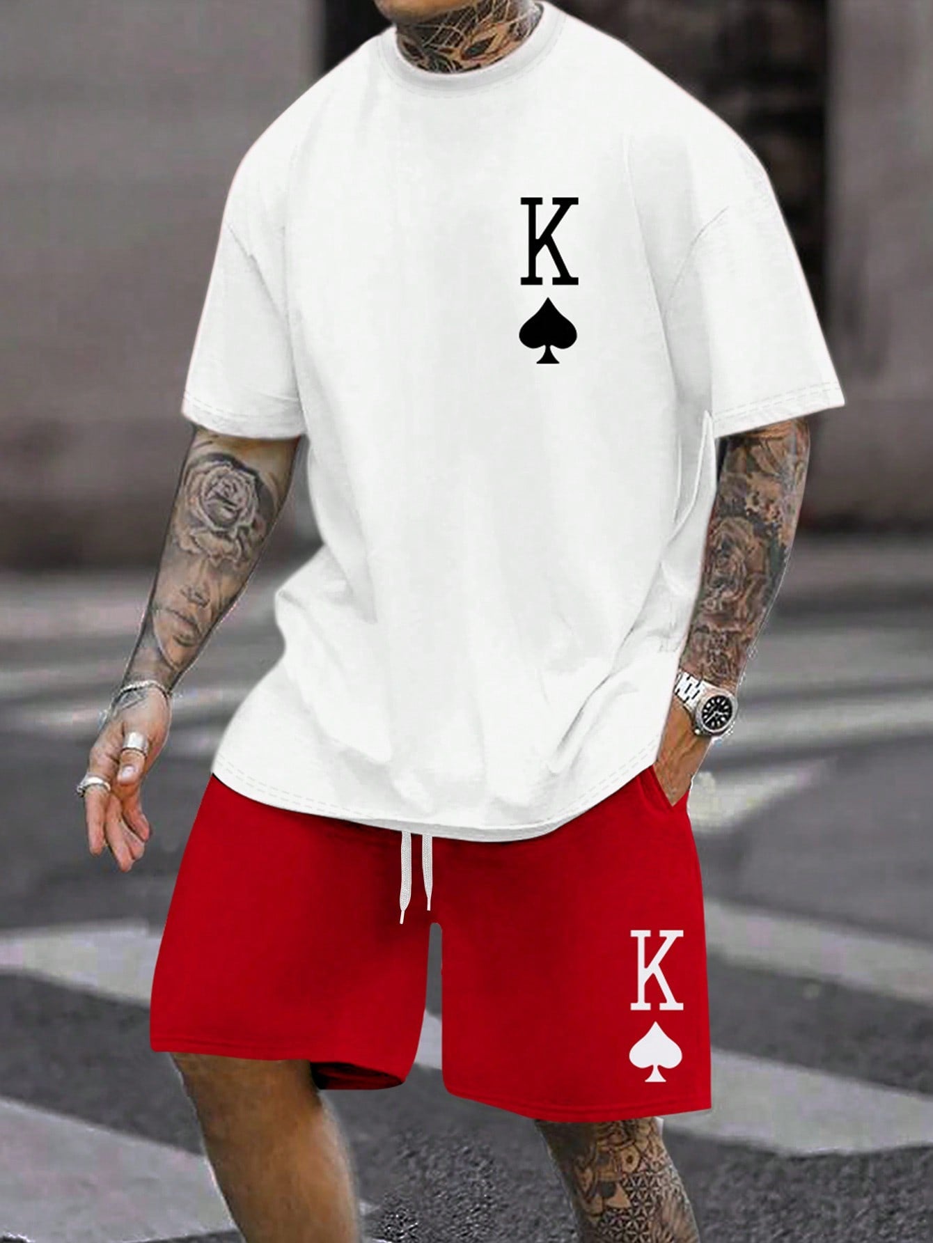 Men's Plus Size Summer Playing Card Print Round Neck Short Sleeve Casual T-Shirt And Drawstring Waist Shorts Set