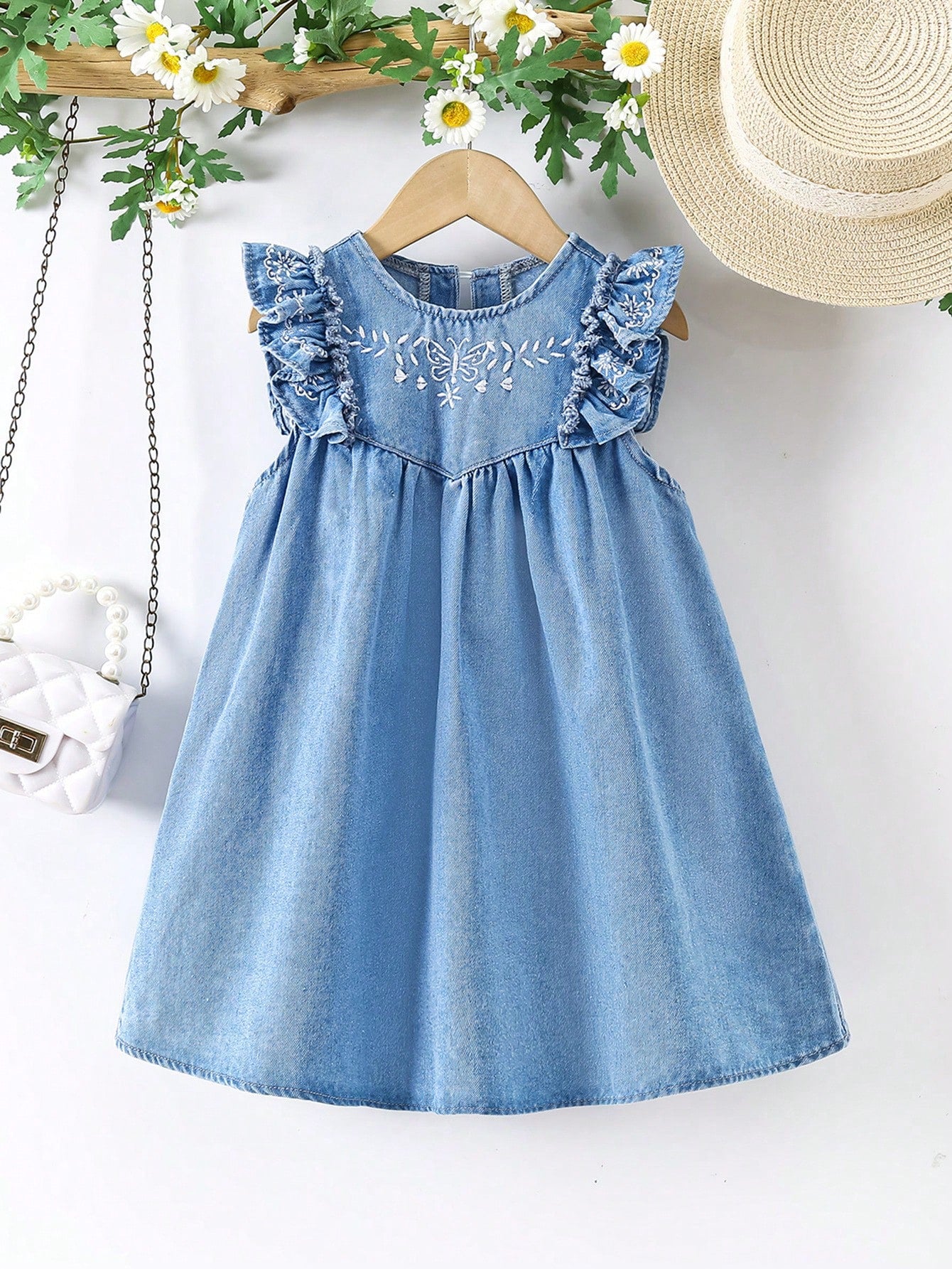 Young Girl Cute Blue Embroidered Denim Dress