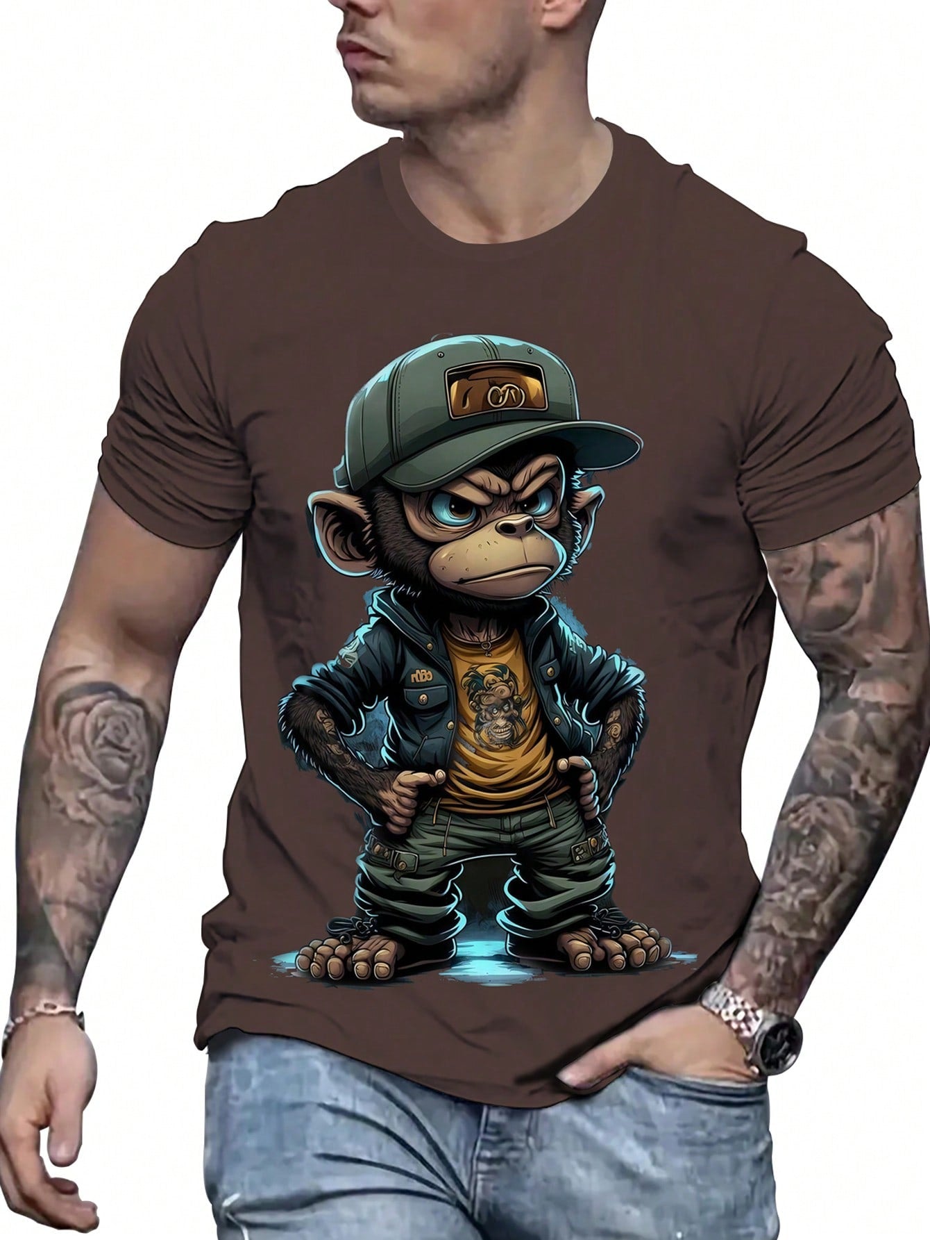 Men Plus Size Fashion Monkey Printed Short Sleeve T-Shirt