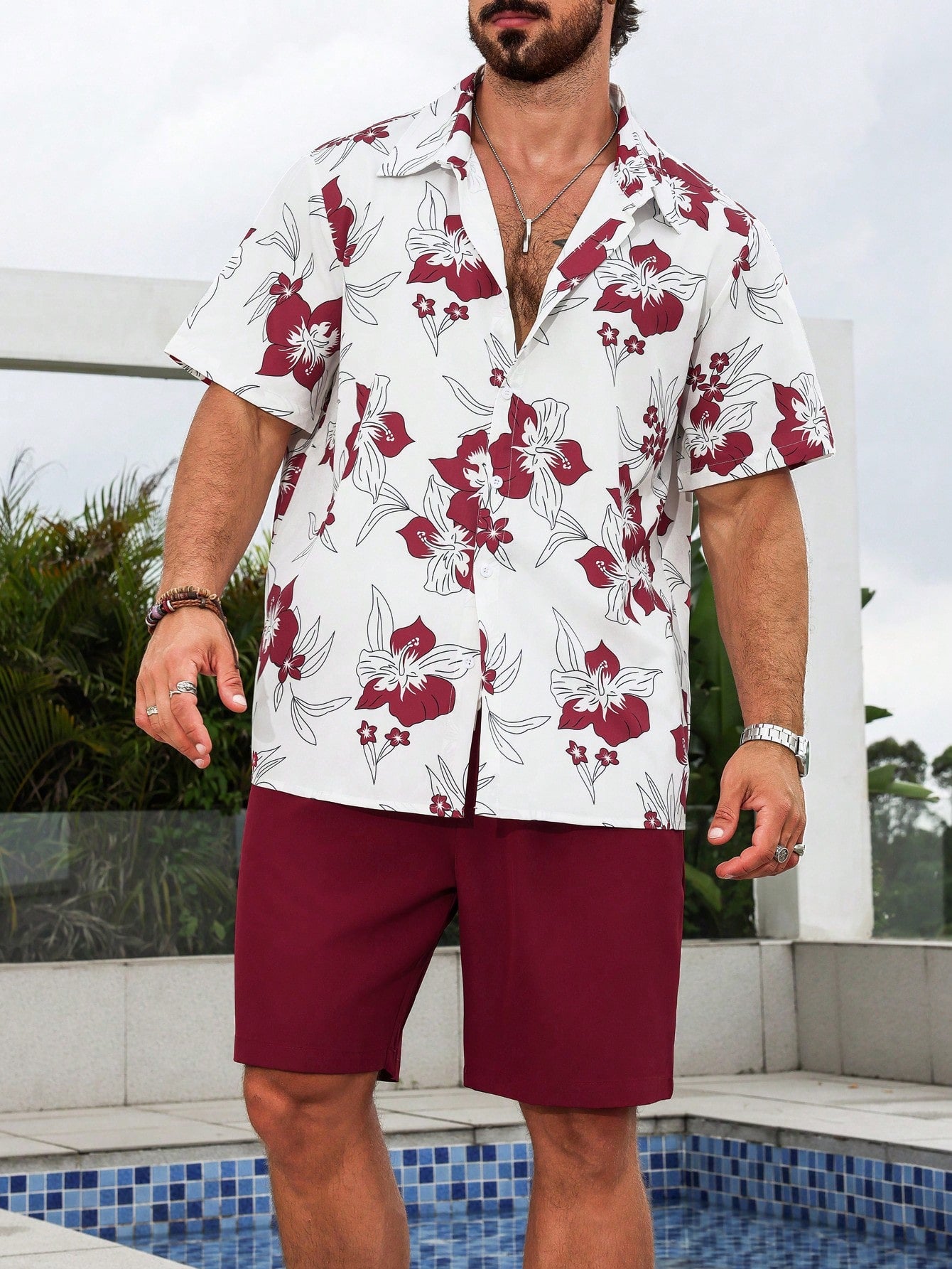 Men's Plus Size Vacation Floral Print Short Sleeve Casual Shirt And Shorts Set (Random Cut)