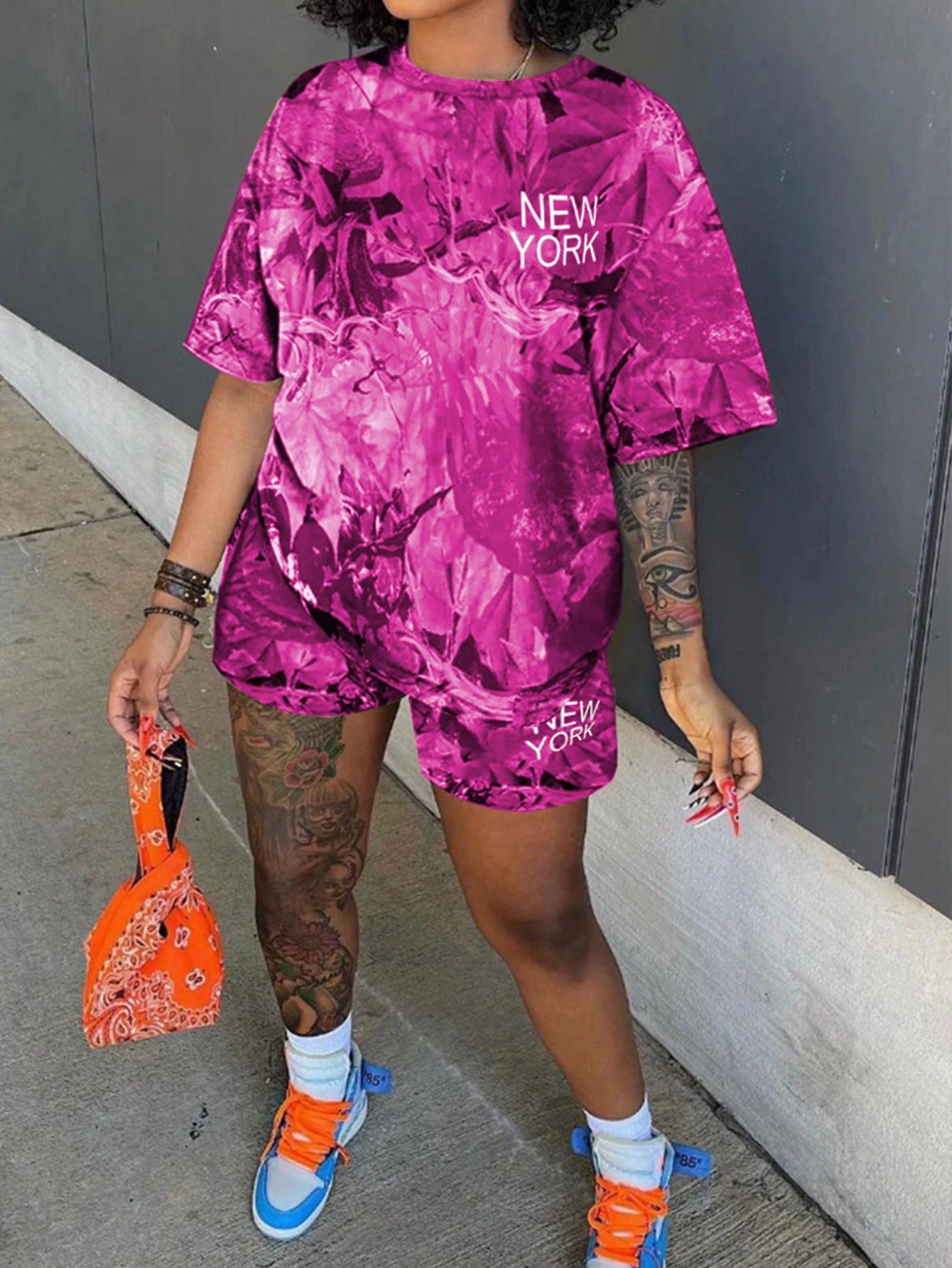 Plus Size Women Summer Letter Tie-Dye Printed Round Neck Short Sleeve Casual T-Shirt And Shorts Set