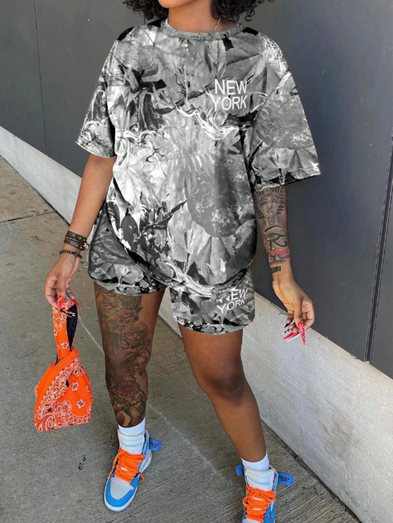 Plus Size Women Summer Letter Tie-Dye Printed Round Neck Short Sleeve Casual T-Shirt And Shorts Set