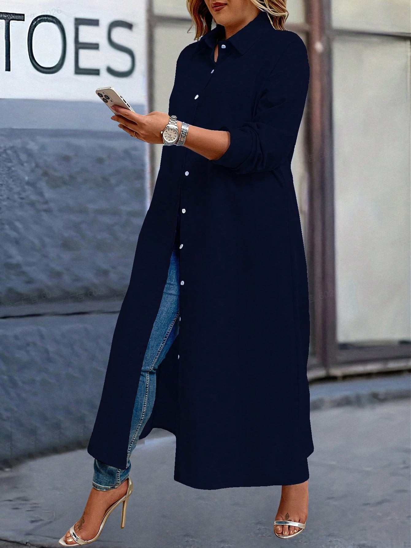 Plus Size Women's Solid Color Long Shirt Dress