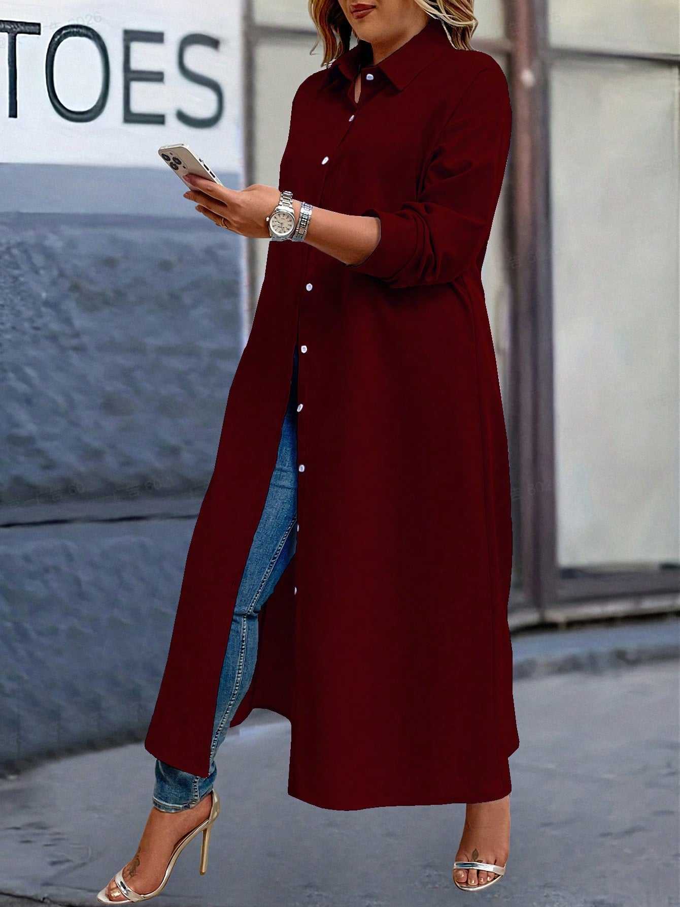 Plus Size Women's Solid Color Long Shirt Dress