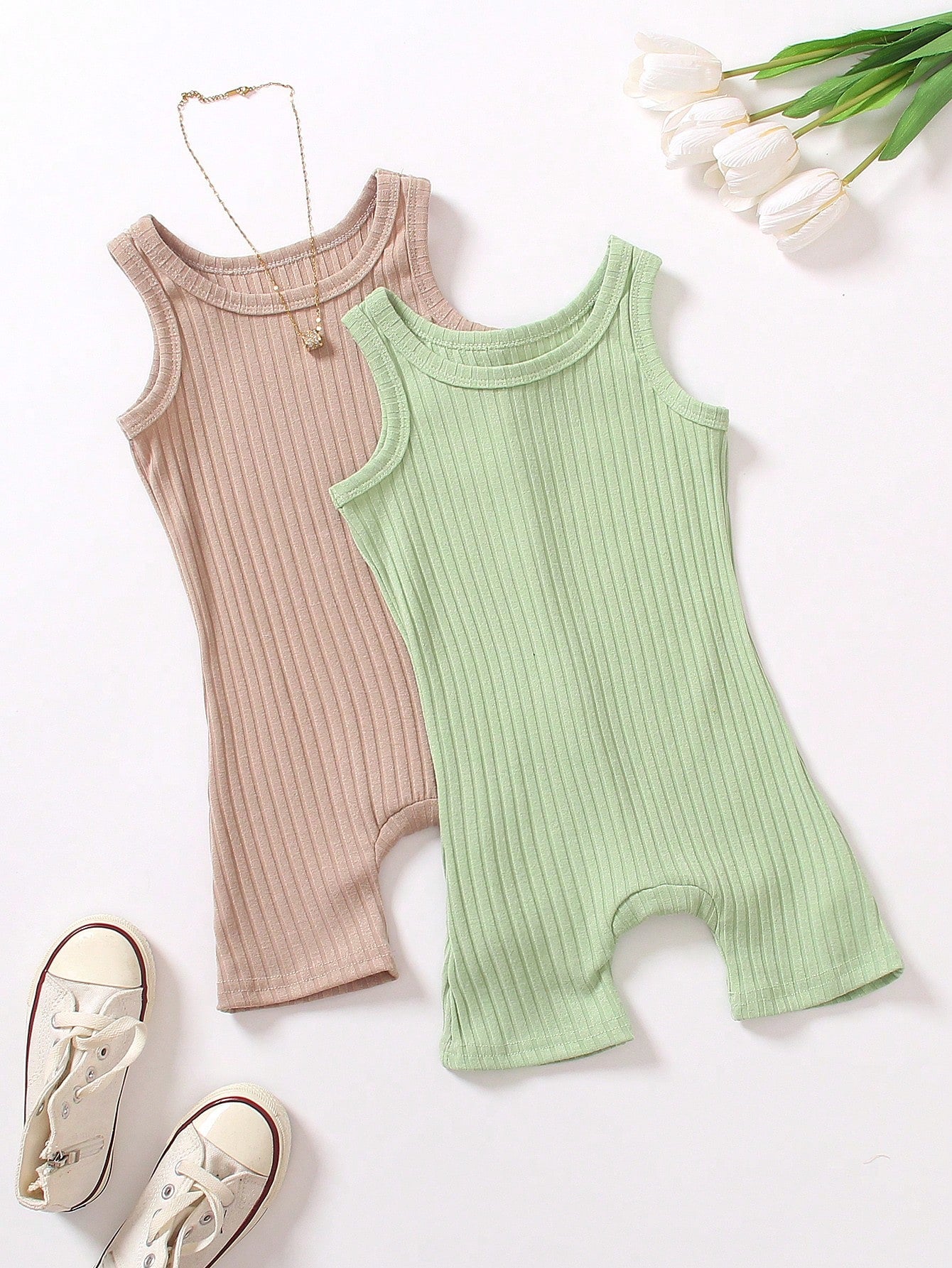 Young Girl 2pcs Ribbed Unitard Romper