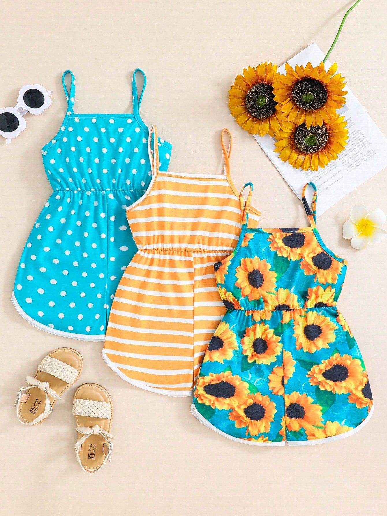 3pcs Girls' Summer Cool Wearing Set - Sunflower/Stripe/Polka Dot Print Romper With Two Straps