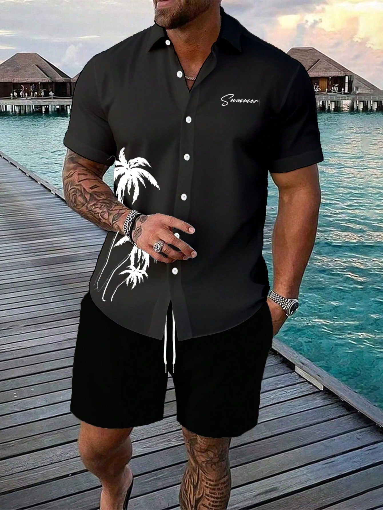 Men's Plus Size Coconut Tree Printed Short Sleeve Shirt And Shorts Set For Vacation And Leisure