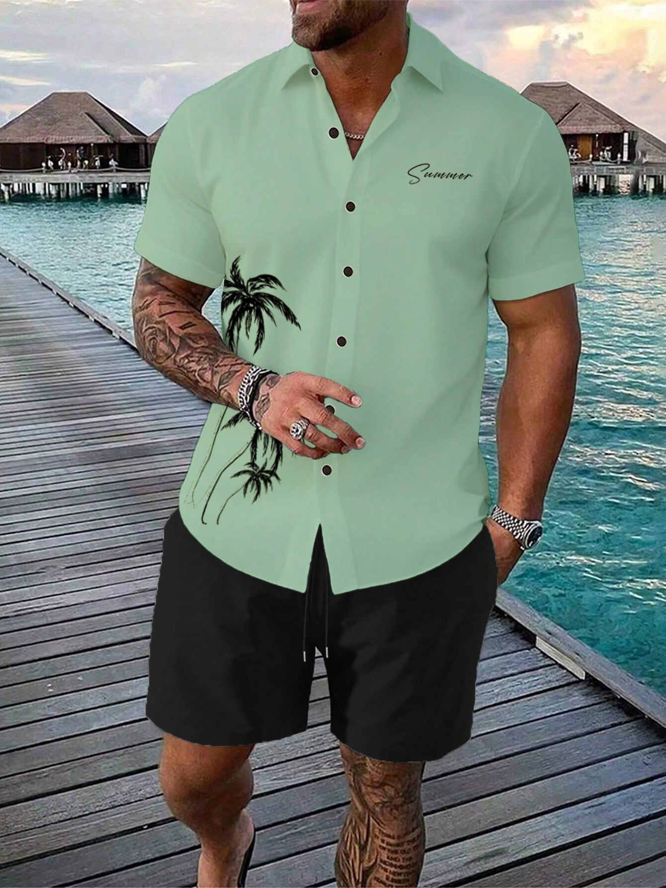 Men's Plus Size Printed Short Sleeve Shirt And Solid Color Shorts Set