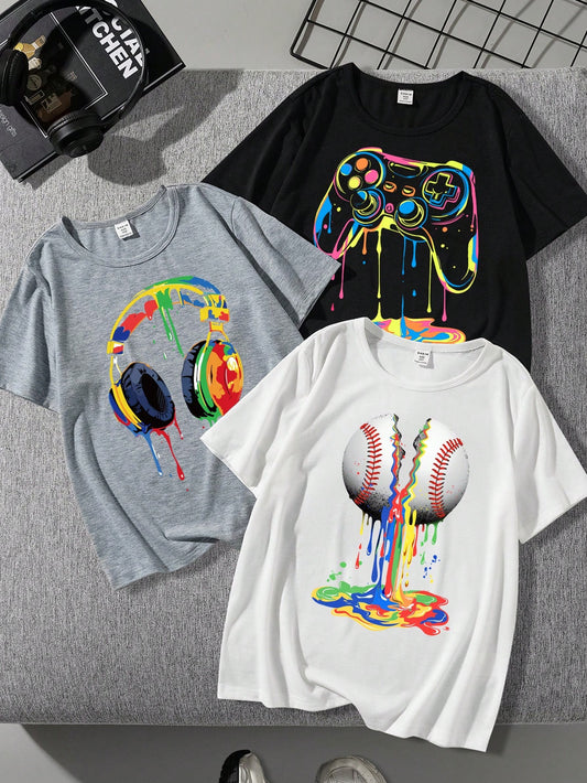 Headphones, Baseball And Game Consoles Three-Piece Set, Casual And Simple Cartoon Printed Round Neck Short Sleeve T-Shirt Suitable For Tween Boys In Summer