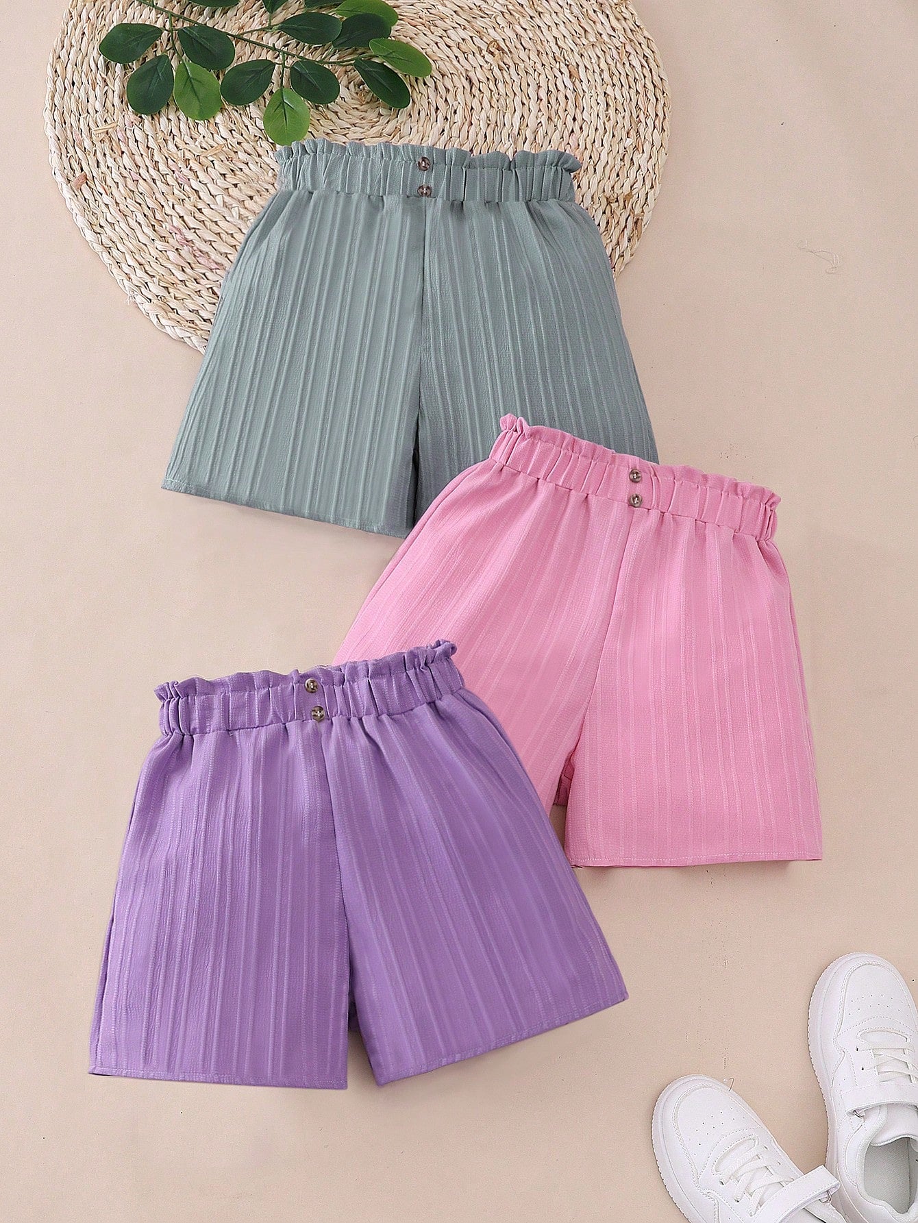 3pcs/Set Tween Girl Casual Solid Color Buckle Shorts, Summer