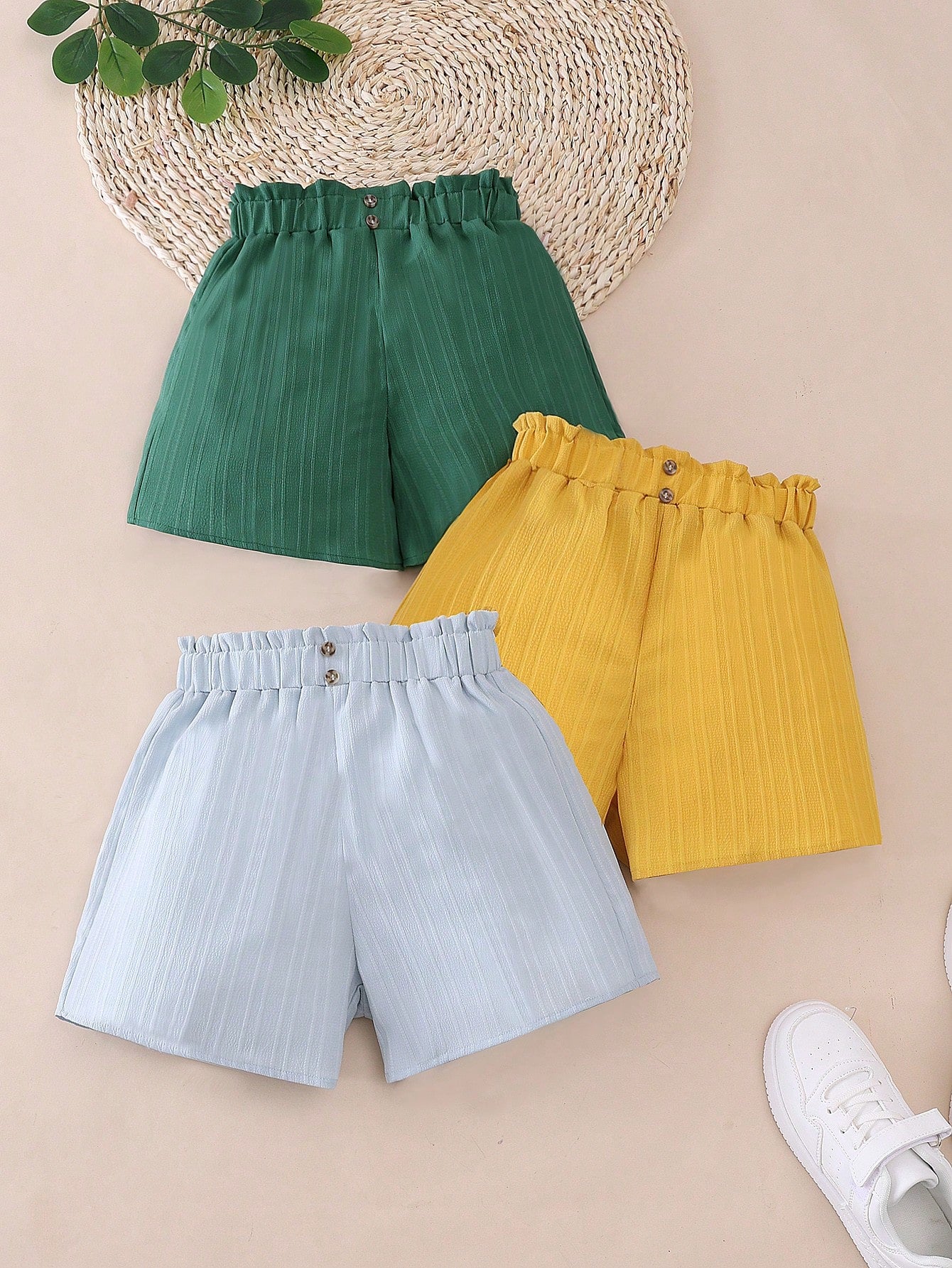 3pcs/Set Tween Girl Casual Solid Color Buckle Shorts, Summer