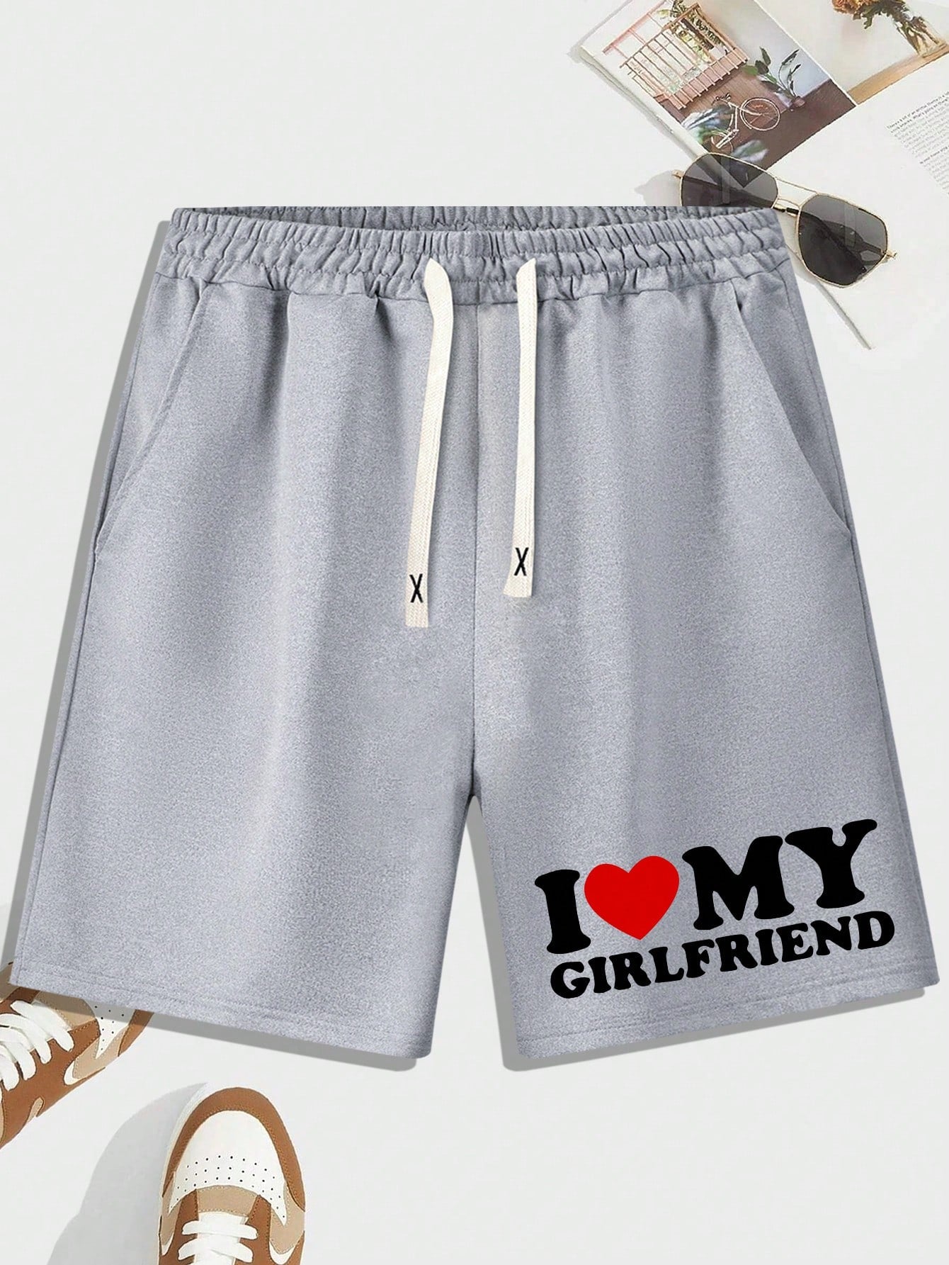 Men's Summer Trendy Heart & Letter Printed Drawstring Waist Shorts