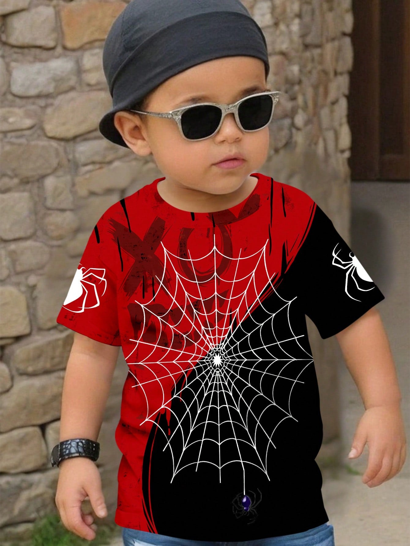 Young Boy Casual Simple Spider Pattern Loose Fit Short Sleeve T-Shirt, Ideal For Summer