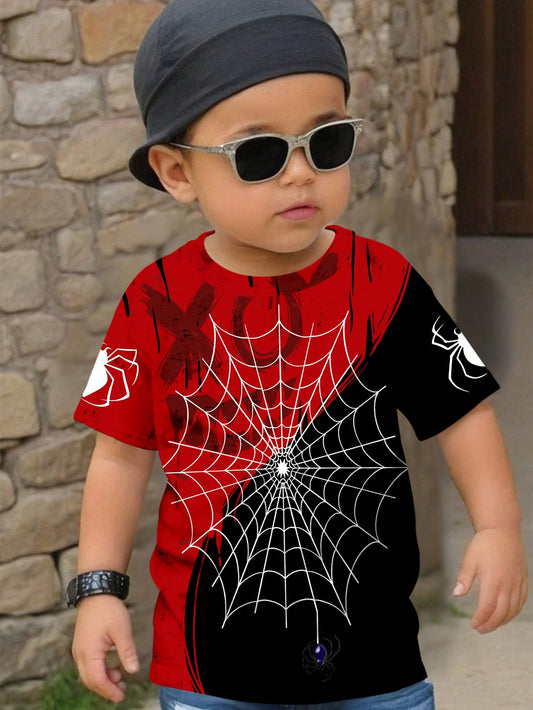 Young Boy Casual Simple Spider Pattern Loose Fit Short Sleeve T-Shirt, Ideal For Summer