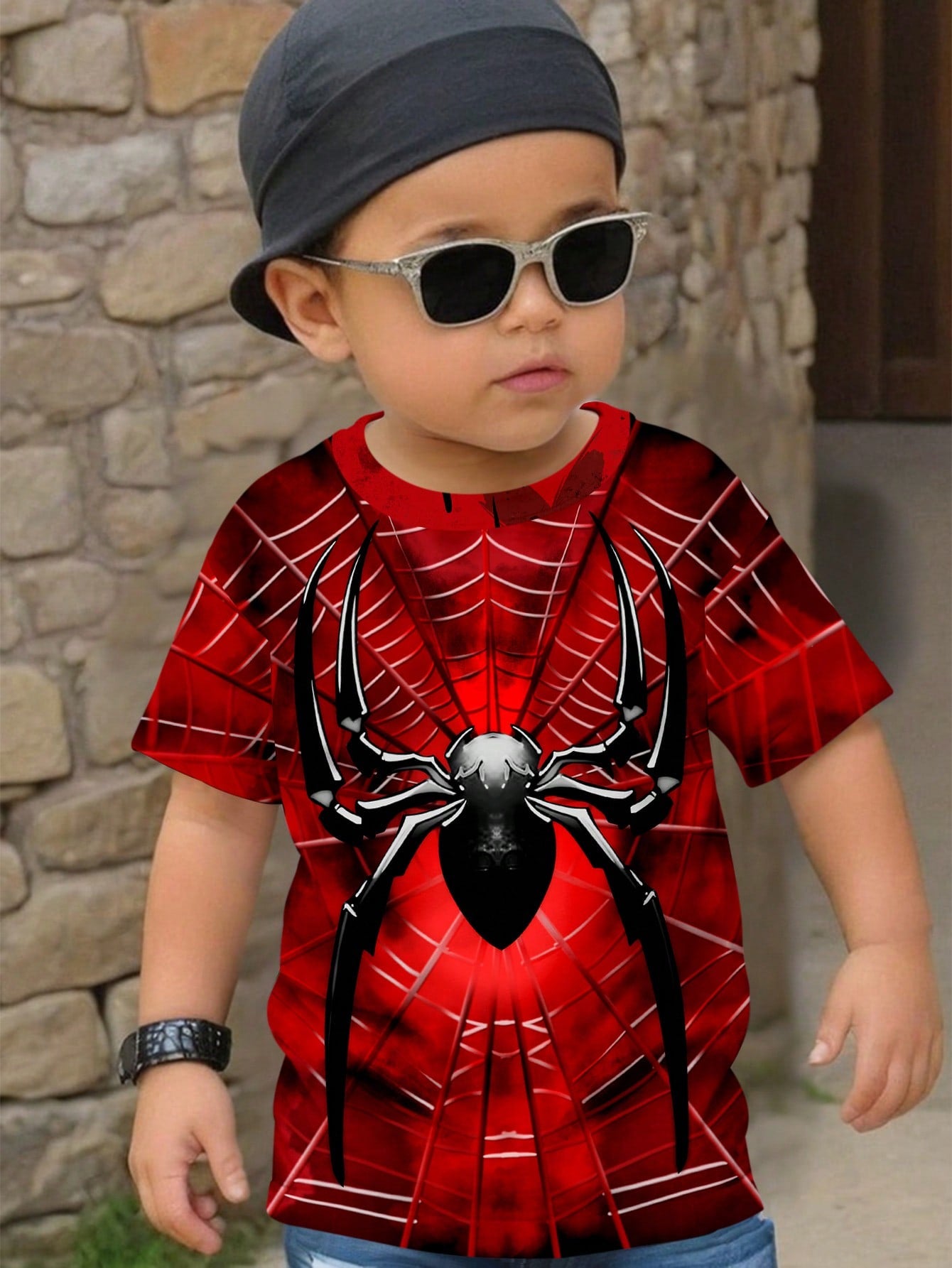 Young Boy Casual Simple Spider Pattern Loose Fit Short Sleeve T-Shirt, Ideal For Summer