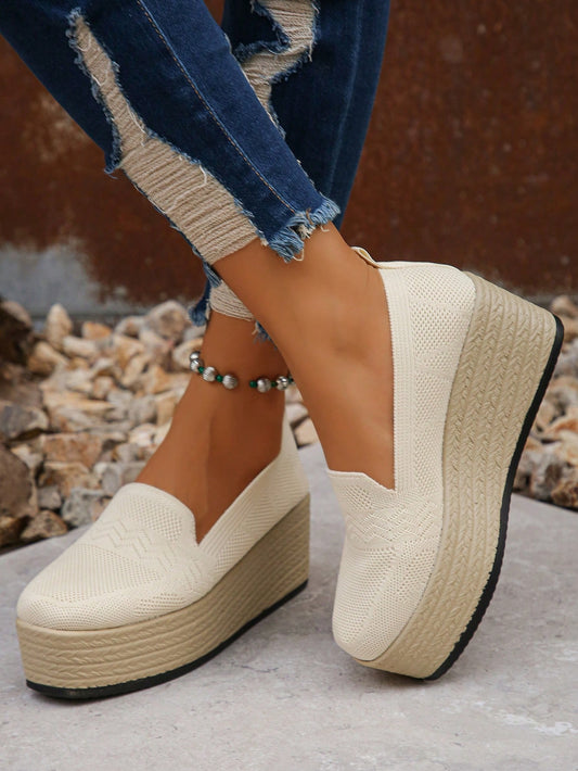 Women's Casual Round Toe Jute Rope Sole Comfort Breathable Wedge Platform Slip-On Shoes, Solid Beige Color, Daily Wear