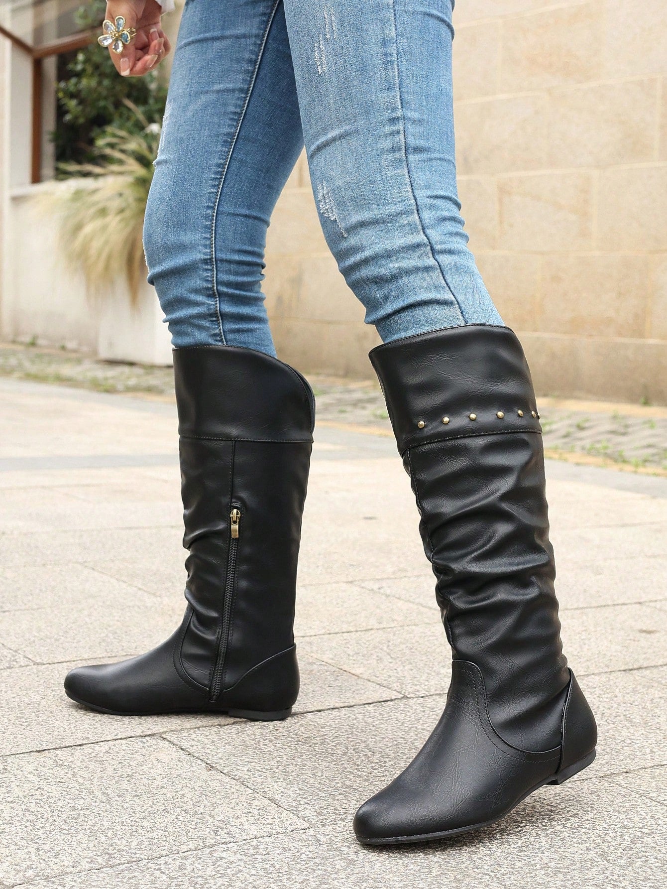 Buckle Side Zipper Flat Tall Boots Ladies Fashion Boots