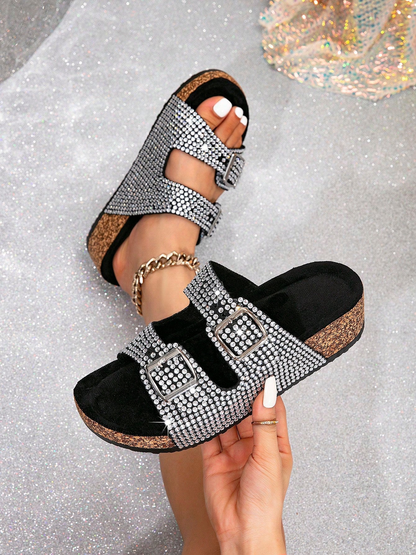 New Arrival High-Heeled Platform Women's Shoes, Rhinestone Shiny Slippers With Wood Grain Design, Perfect For Casual Outfits Or Beach Vacation, Beautiful And Lovely Heeled Sandals