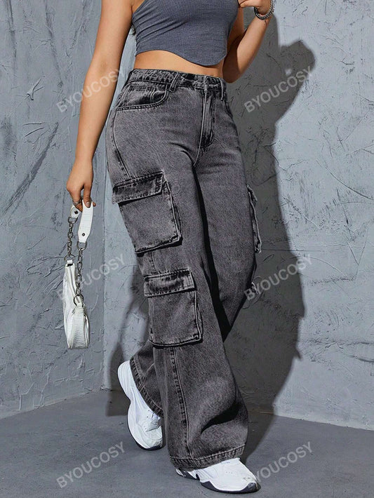 Women's Y2K Street Style Multi-Pocket Straight Leg Denim Cargo Pants