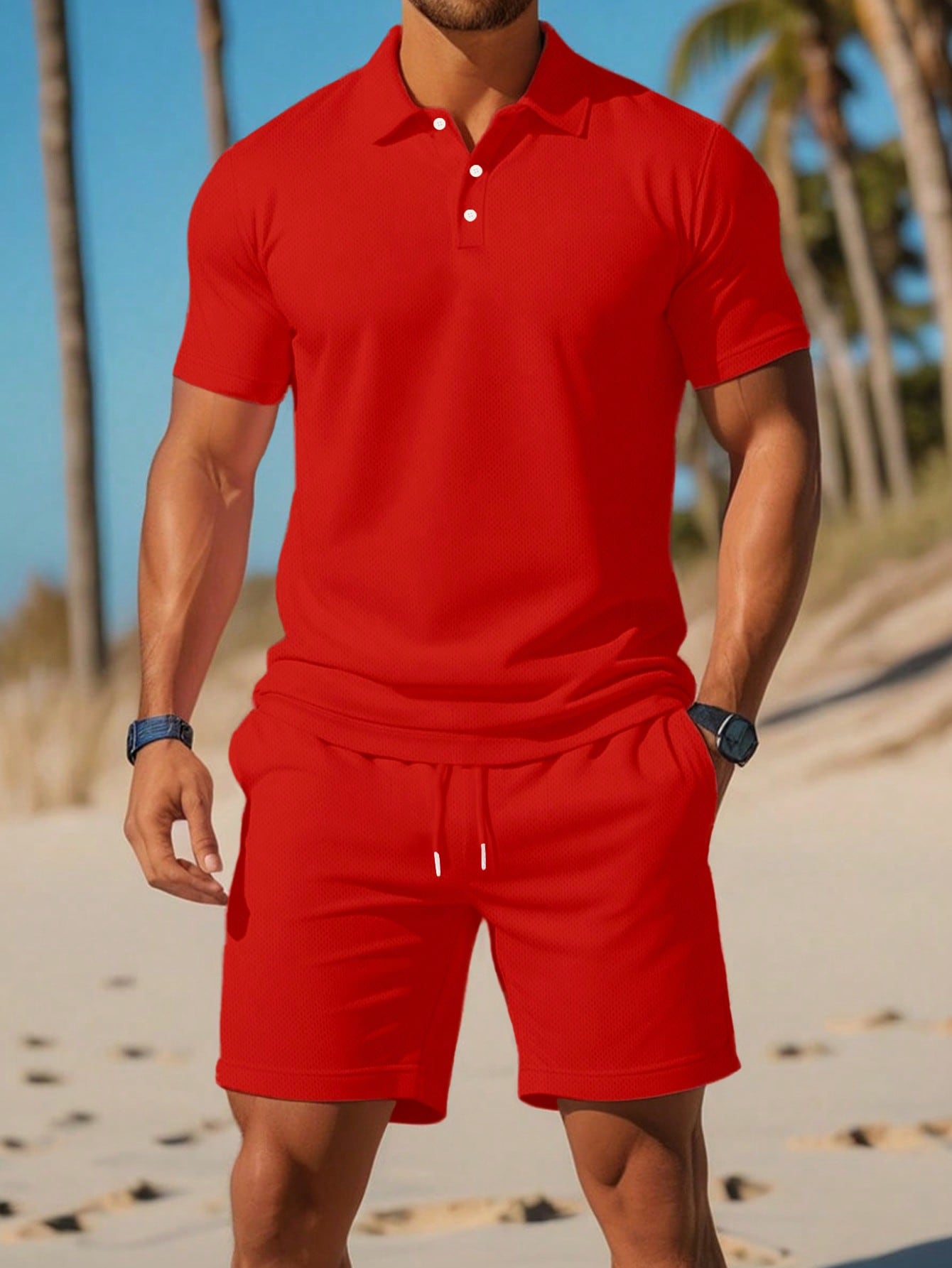 Men Summer Solid Color Casual Polo Shirt And Drawstring Waist Shorts Set