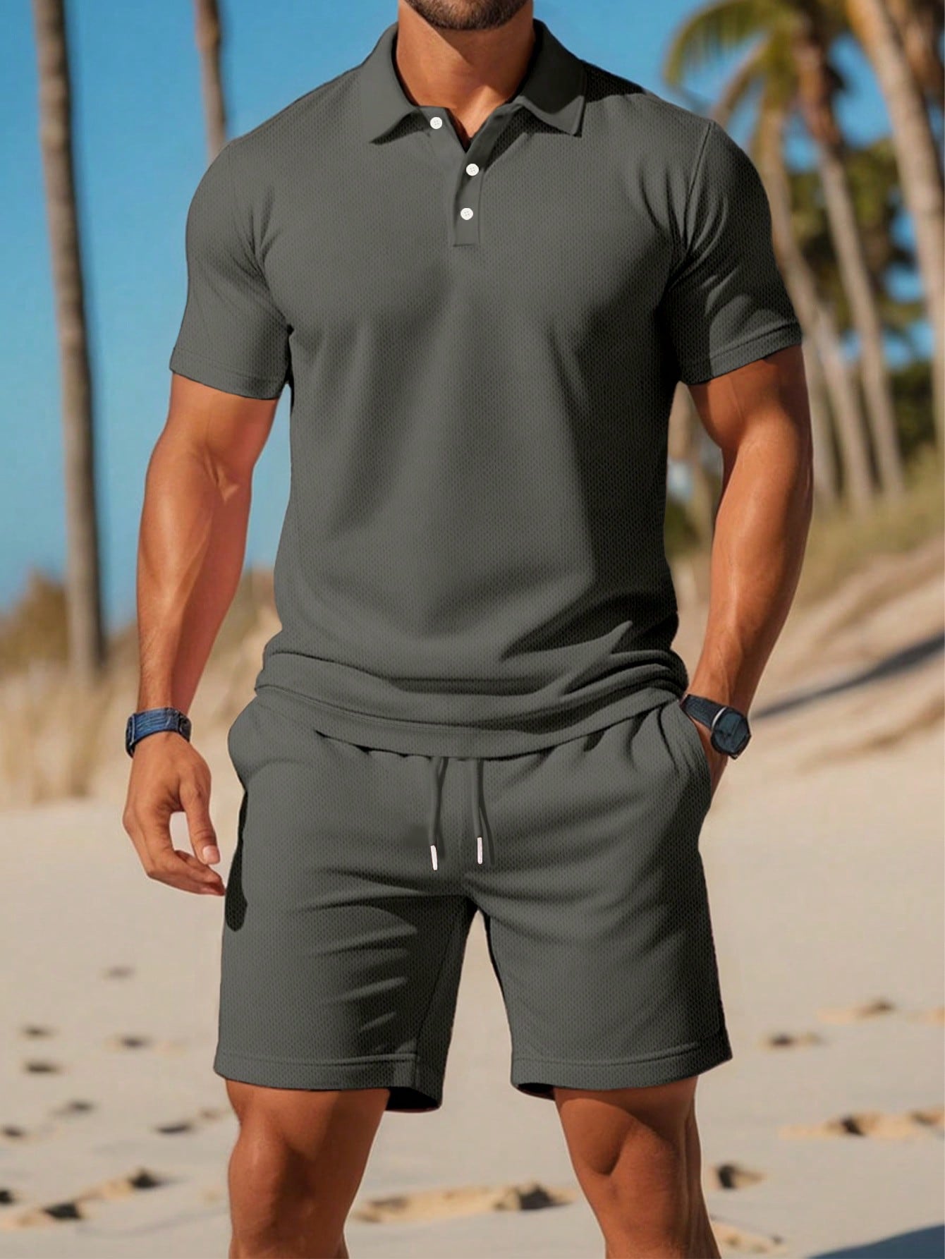 Men Summer Solid Color Casual Polo Shirt And Drawstring Waist Shorts Set