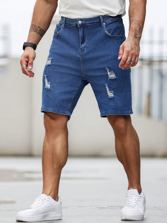 Men's Plus Size Solid Color Distressed Denim Shorts With Pockets, Summer Casual Jean Shorts