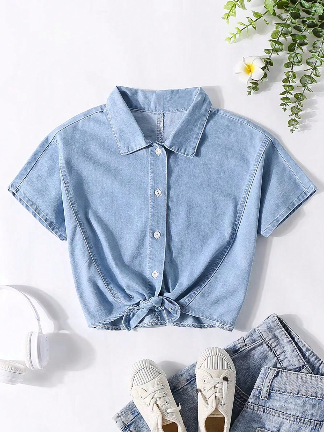 Tween Girls' Everyday Casual Denim Shirt Top