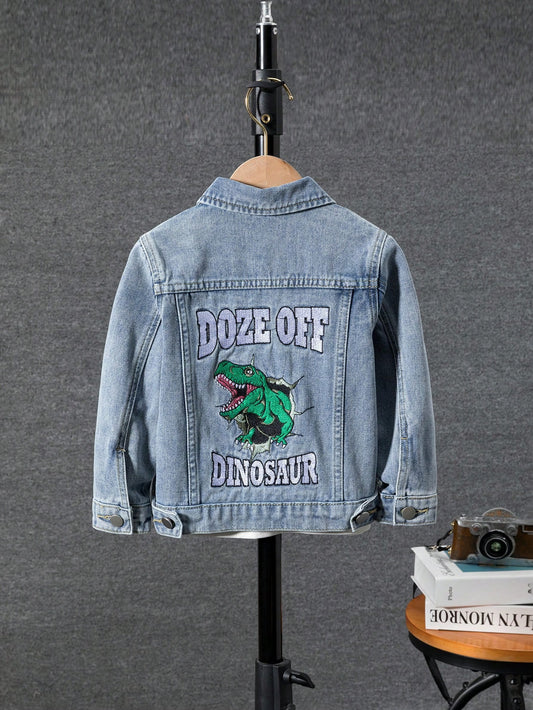 Streecool Kids Boys' Medium Washed Blue Denim Jacket With Dinosaur Embroidery