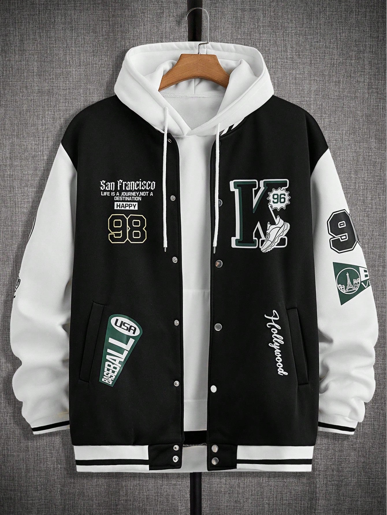 Plus Letter Graphic Two Tone Varsity Jacket Without Hoodie