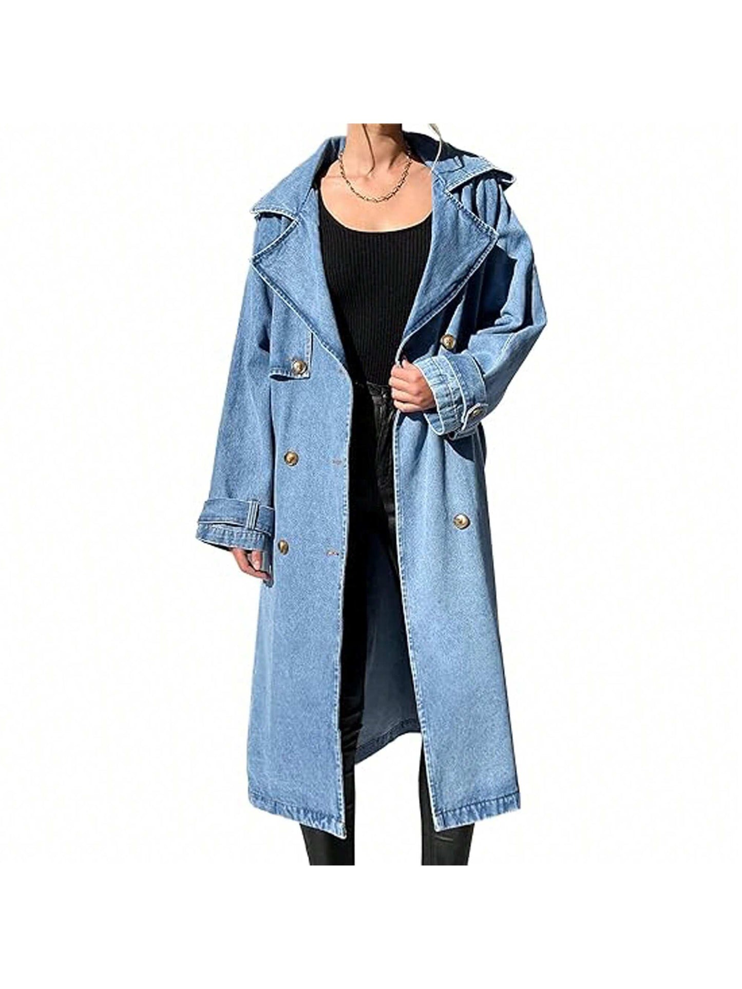 BZB Women's Long Double Breasted Denim Jacket Oversized Button Down Maxi Jean Coat Classic Lapel Outercoat