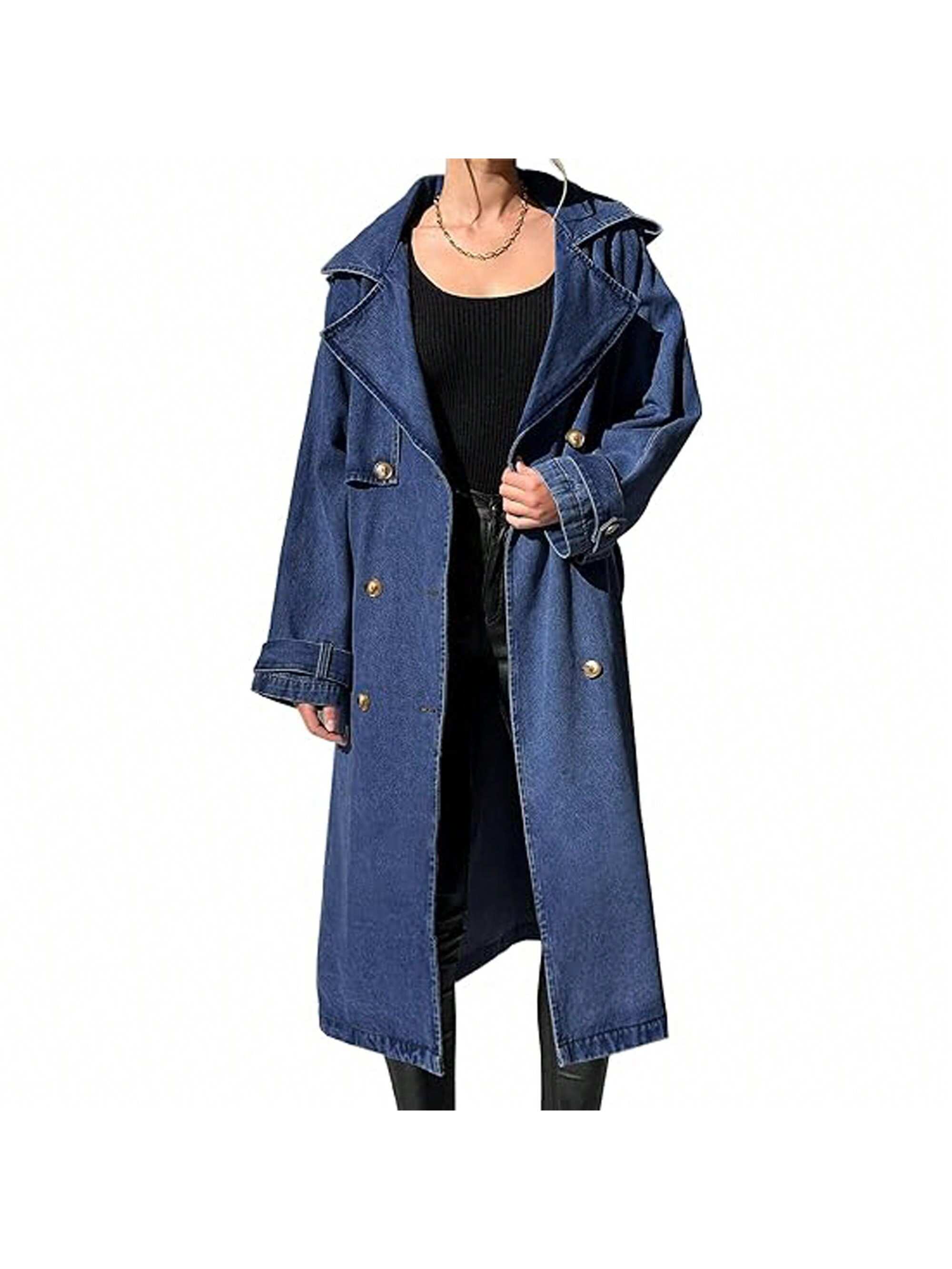 BZB Women's Long Double Breasted Denim Jacket Oversized Button Down Maxi Jean Coat Classic Lapel Outercoat