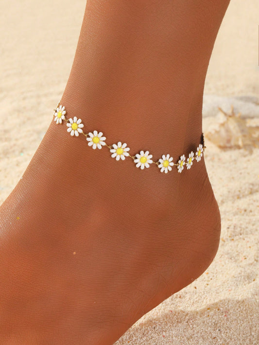 1pc Bohemian Style Summer Fashion White Flower Chain Anklet Suitable For Teen Girls Beach Party Vacation Jewelry Accessory For Daily Wear