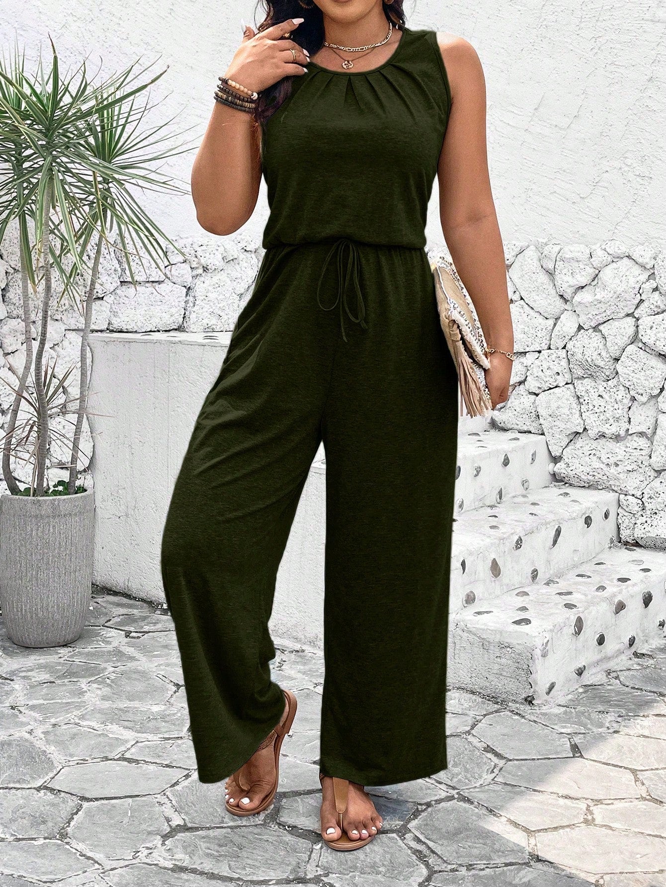 Plus Size Summer Solid Color Round Neckline Tie Front Sleeveless Jumpsuit