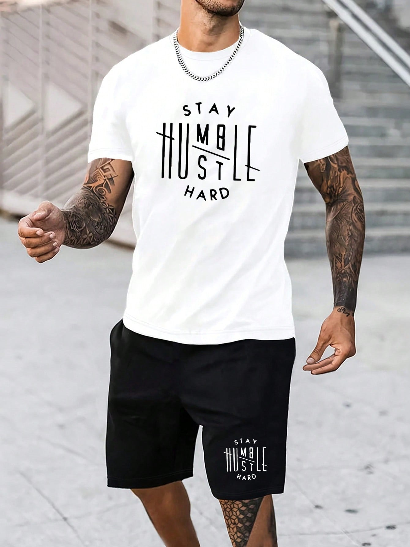 Men's Letter Printed T-Shirt And Drawstring Waist Shorts Set